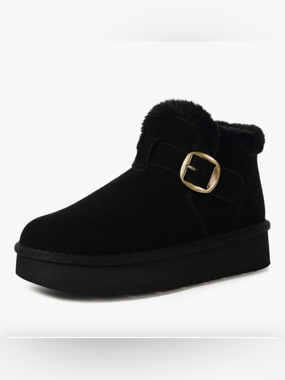 Women's Black Faux Suede Ankle Bootie with Fur Collar and Buckle